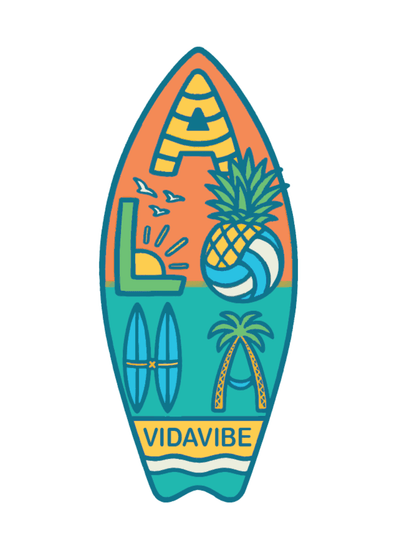 Colorful surfboard-shaped logo with 'VidaVibe' branding on a white background